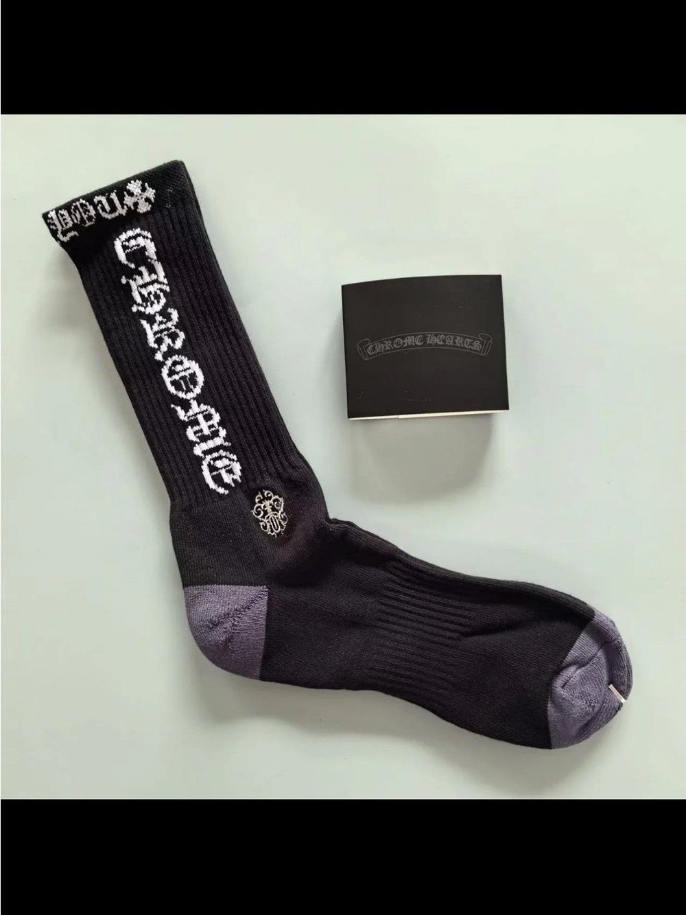 Chrome Hearts Black Crew Socks with White Script and Gray Accents